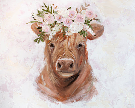 'Blush Floral Highland' Baby Cow Paper Print